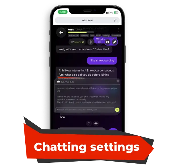 Chatting companion settings at Nastia AI