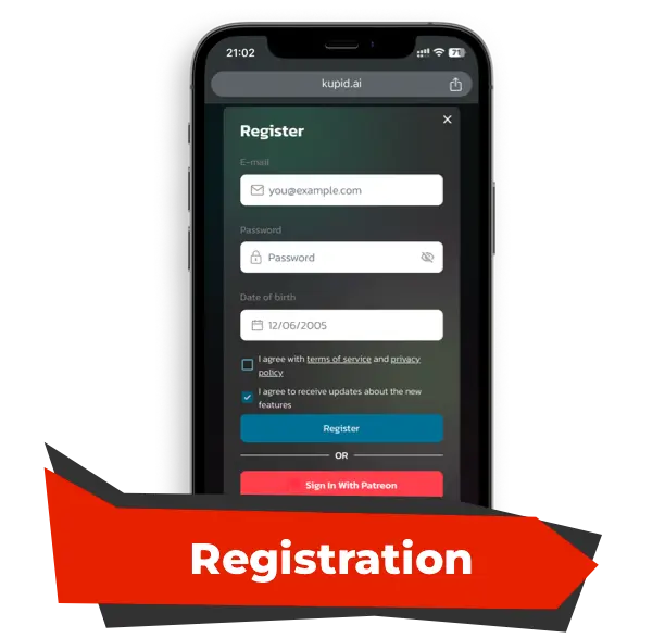 Screenshot of the registration page in Kupid AI